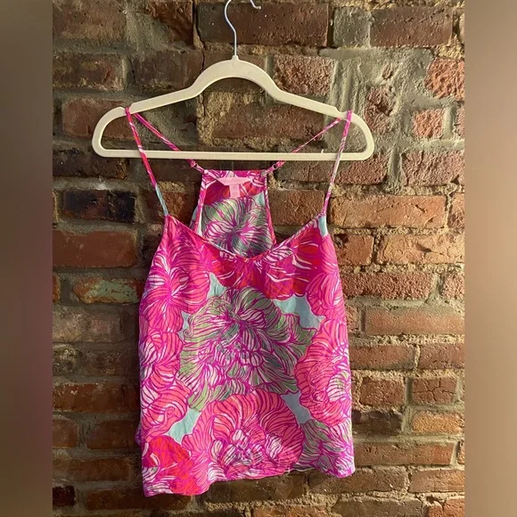 Lilly Pulitzer Pink Peony Dusk Racer Silk Tank Top Size Medium - Picture 2 of 4
